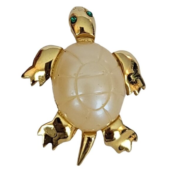 Trifari Crown Over T Gold Tone Plastic Pearl Shell Turtle Pin, Signed K27 - Picture 2 of 9